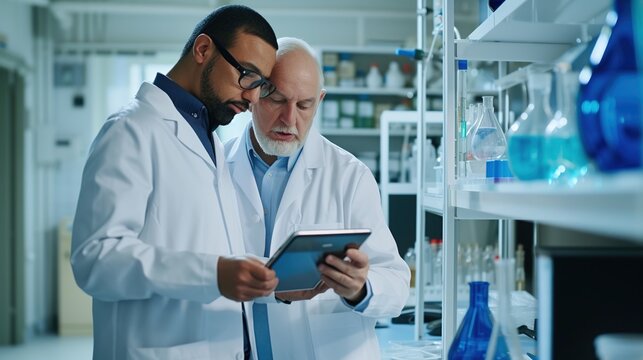 Two scientists work together in a lab looking at data on a tablet digital