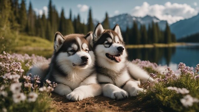 siberian husky puppy An endearing scene of a Malamute puppy and adult resting together in a field of blooming alpine flow  