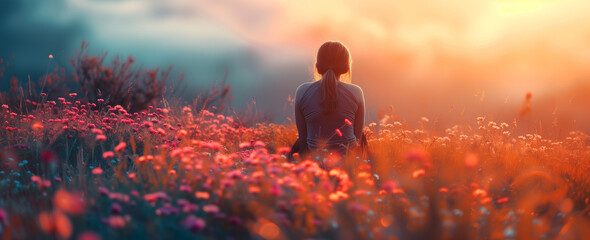 back view of a girl sitting in a field of flower at sunset. solitary moment of beauty.