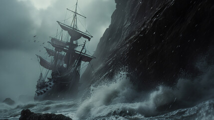 On a gray, stormy day, a wooden tall ship is tossed by the rough seas towards a the side of a cliff wall - obrazy, fototapety, plakaty