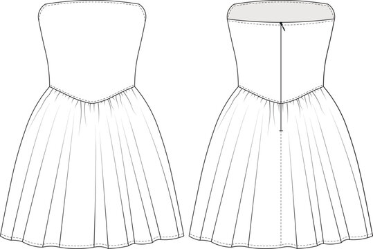 strapless sleeveeless short princess gown dress template technical drawing flat sketch cad mockup fashion woman design style model
