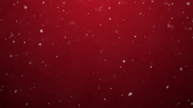 White snowflakes on a red background seamless looped. Snowfall, snowstorm, realistic snow falls chaotically from top to bottom. Abstract festive gradient New Year, Christmas background. 4k, 60fps, HD.