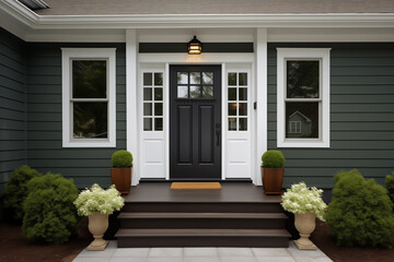 Obraz premium Black Front Entry Door in a House With Green Vinyl Siding