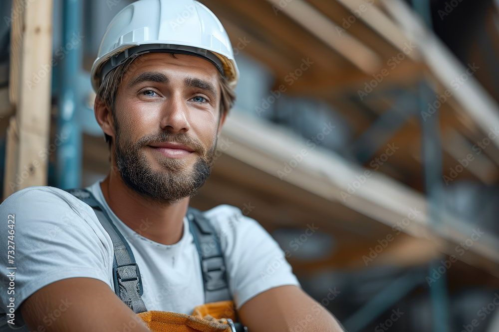 Poster a handsome handyman working on construction side. generative ai.