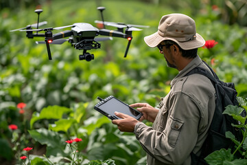 Modern technologies in agriculture. industrial drone. The operator controls the drone