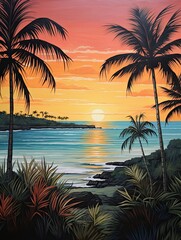 Silhouetted Palm Beaches: Meadow PaintingOcean Scene Nature Artwork