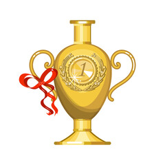 Gold Cup, award for first place in the competition. Gold vase with a medal in front and red ribbon on the handle. Icon, symbol, sign. Vector illustration