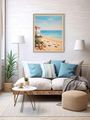 Mediterranean Beaches Wall Art: Vintage Coastal Landscape with Beach Scene.
