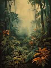 Misty Jungle Canopy: Vintage Nature Artwork of Rainforest Scene