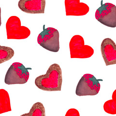 seamless pattern of strawberries in chocolate and hearts