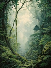 Vintage Misty Rainforest Art: Enchanting Jungle Canopy Nature Imagery