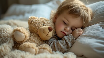 A little one fast asleep, clutching their favorite stuffed animal in a peaceful slumber
