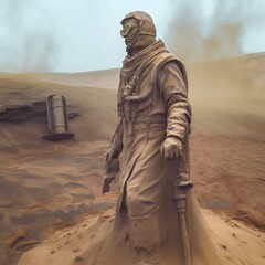 a sand man standing in a desert with a dust cloud behind him