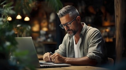 Concept illustration for working, studying, education, remote work. Mature man working with laptop.
