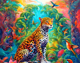 Obraz premium Psychedelic Ayahuasca Dream, Amazon and Rain forest, Jaguar