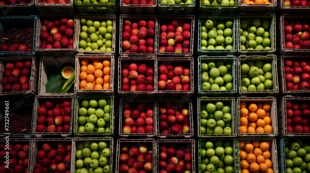 Aufkleber vibrant display of various fruits sorted in market crates from above view