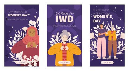 IWD Inspire Inclusion campaign, International Women's Day 2024 Vertical social media stories template collection features a diversity of women making the heart gesture with their hands