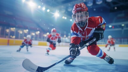 Child in red ice hockey gear playing on rink with team members in the background - obrazy, fototapety, plakaty
