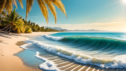 Serene Meeting of Turquoise Waters and Golden Sands Captured in Panoramic Photograph - Tranquil...