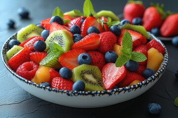 Fresh fruit salad with strawberries, blueberries and kiwi in a bowl. Generative AI.