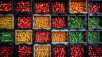 Fotobehang Crates filled with colorful fruits neatly arranged at a market stall © Tida