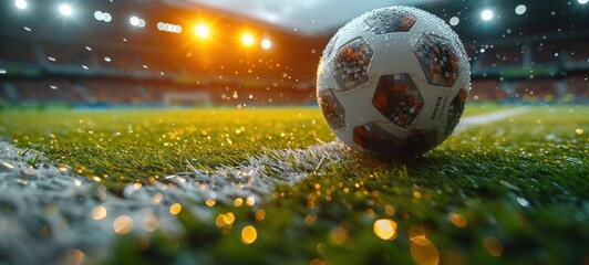 After game. Closeup soccer ball on grass of football field at crowded stadium