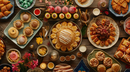 Iftar Table Spread: Photo of a dining table full of iftar dishes.