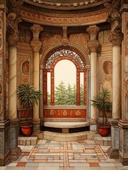 Mosaic Temple Interiors: Earth Tones Art Depicting Countryside Painting with Ancient Design