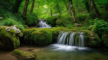 Serene waterfall flowing through moss-covered rocks in a lush forest