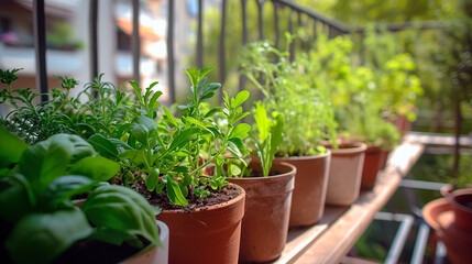green herbal plant in flowerpots on balcony