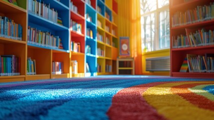 A children's section in the library, filled with colorful books and playful decor to inspire young...