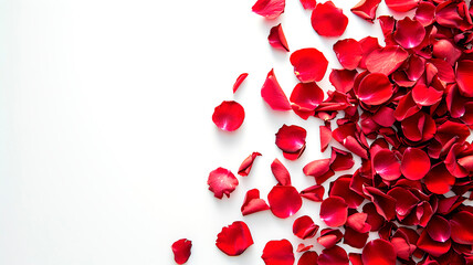 Red rose petals on white with copy space