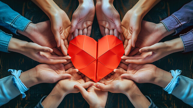 Hands holding red heart. United diversity or multi-cultural partnership in a group	