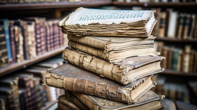Antique books stacked in an old library setting, evoking nostalgia