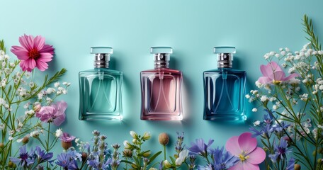 3 bottles of perfume on a blue background