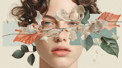 Collage portrait with floral and botanical composition