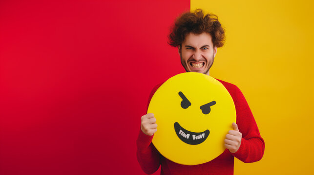 Man holding yellow smiley emoticon with angry facial gesture