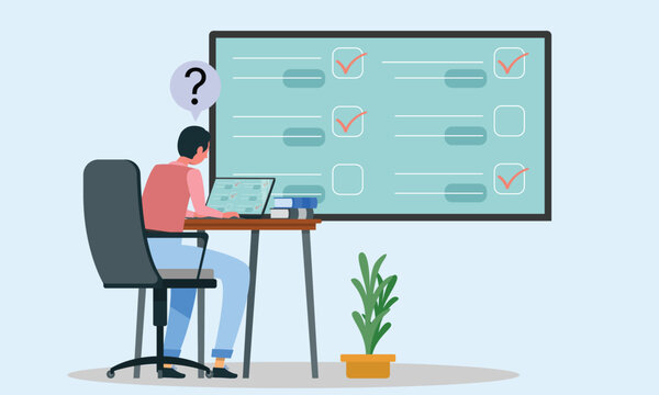 Who Using Easy Device in Laptop Online Exam MCQ Multiple Choice Question Checkbox Unknown Examinee System Online Document Tasks. What is Next? Confused user in Laptop Screen Document check online exam