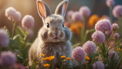 cute fluffy bunny with flowers celebration - obrazy, fototapety, plakaty