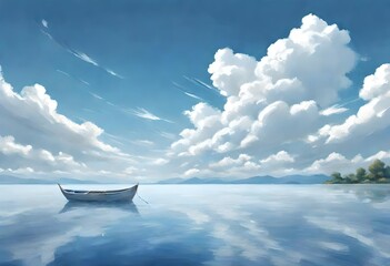 a small wooden boat floating on a calm lake. The sky is a clear blue with a few fluffy white clouds.