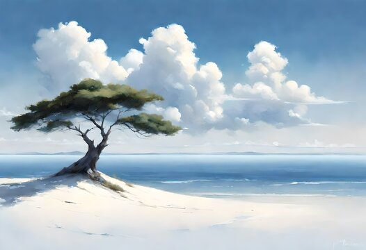 a painting of a tree on a beach.