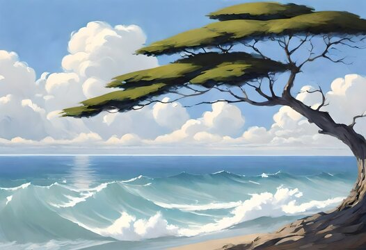a lone tree with a twisted trunk, standing on a rocky cliff overlooking the ocean.