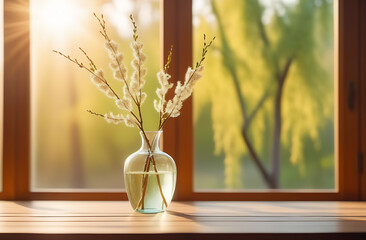 Vase with spring fluffy willow branches on wooden table near window. Interior design