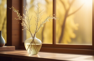 Vase with spring fluffy willow branches on wooden table near window. Interior design