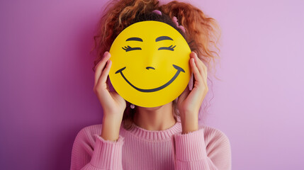 Woman holding yellow smiley face in front with a purple headgear - obrazy, fototapety, plakaty