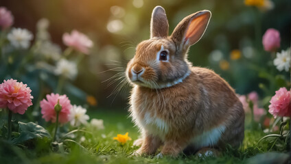 Fototapeta premium cute fluffy bunny with flowers