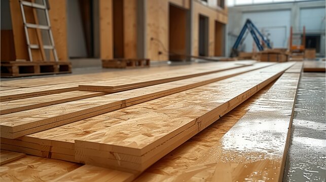 A construction site with wood panels laying on the floor. Generative AI.