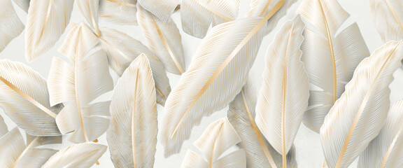 White luxury art background with tropical leaves or feathers with golden elements in line style. Botanical banner for decoration, print, textile, wallpaper, packaging, interior design.