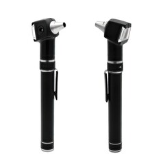 otoscope or auriscope is a tool used by an Otolaryngologist doctor in the ear nose throat industry to view inside an ear canal.  isolated on white background two views no specula