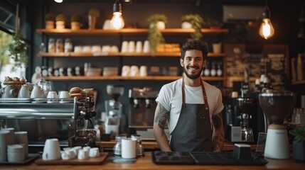 A man barista behind the counter of a coffee shop, a modern cafe. Generative AI.
